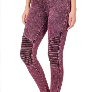 ZANANA MINERAL WASHED MOTO LEGGINGS DK. BURGUNDY TINY WAIST BIG BUTT SZ MED